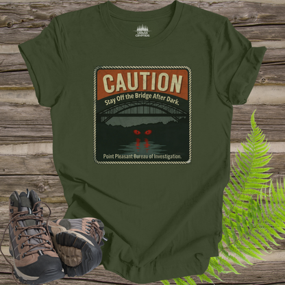 Mothman Caution Sign Shirt – Stay Off the Bridge After Dark, Point Pleasant WV Cryptid Poster Tee