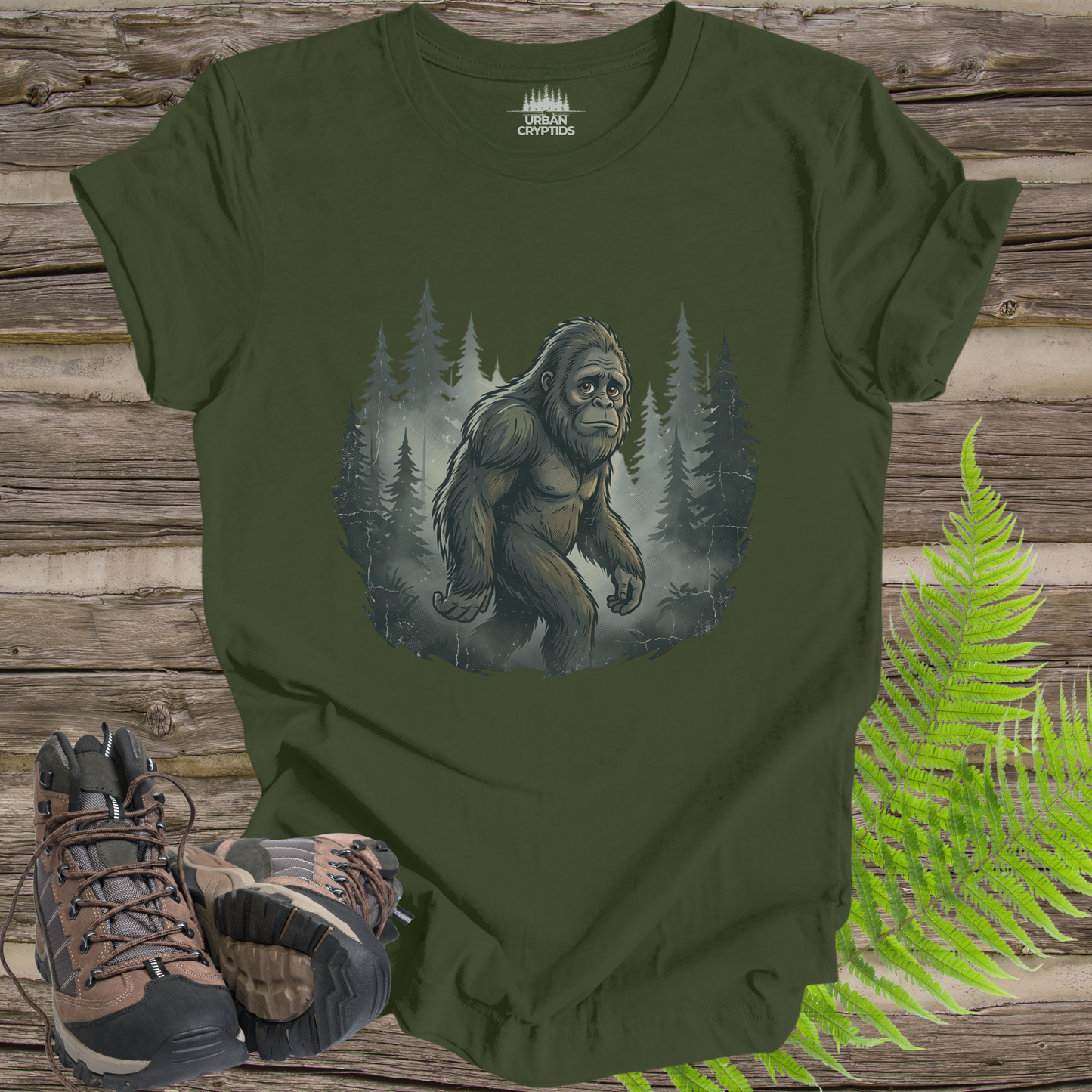 Mysterious Bigfoot Forest Shirt – Vintage Sasquatch Silhouette Tee, Cryptid Aesthetic Shirt, Foggy Woods Graphic Tee