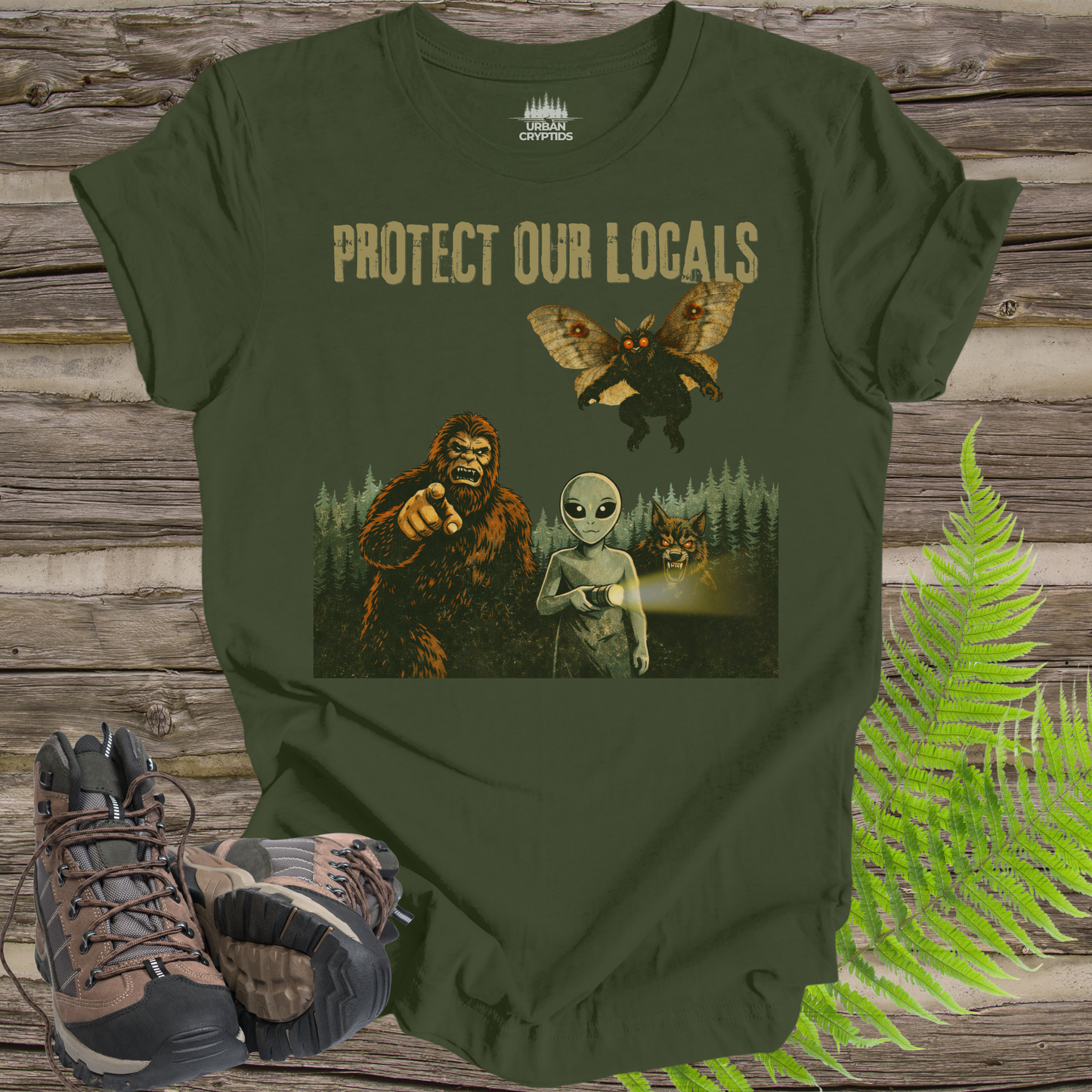 Protect Our Locals T-Shirt | Cryptid Conservation Graphic Tee | Bigfoot Mothman Alien Forest Shirt