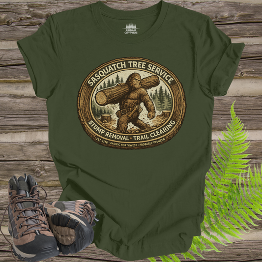 Sasquatch Tree Service Shirt | Cryptid Town Tee | Bigfoot Lumberjack Vintage Badge Stump Removal Trail Clearing