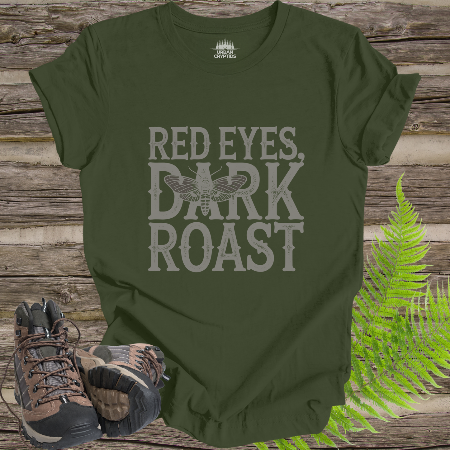 Red Eyes, Dark Roast T-Shirt | Mothman Coffee Graphic Tee | Funny Cryptid Caffeine Shirt