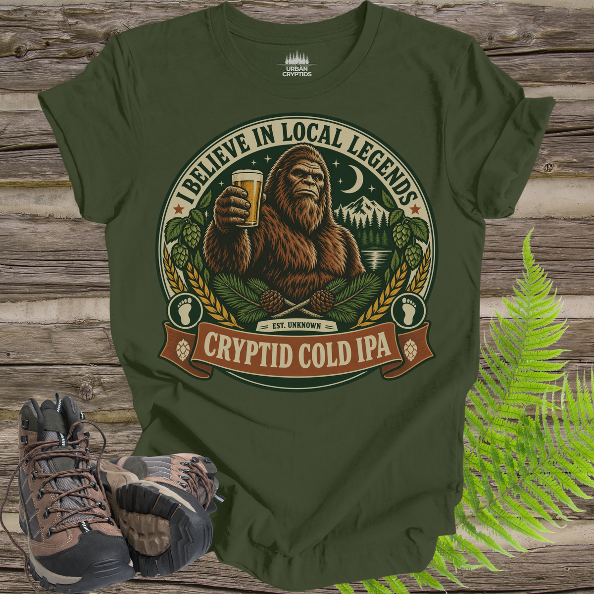 Believe in Local Legends T-Shirt – Bigfoot Cryptid Cold IPA Graphic Tee