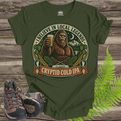 Believe in Local Legends T-Shirt – Bigfoot Cryptid Cold IPA Graphic Tee