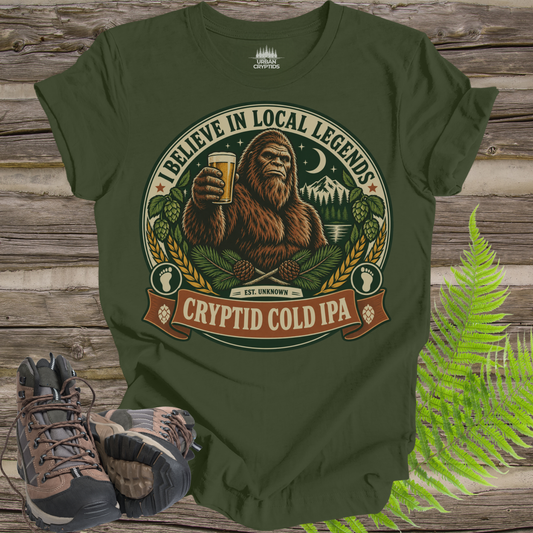 Believe in Local Legends T-Shirt – Bigfoot Cryptid Cold IPA Graphic Tee