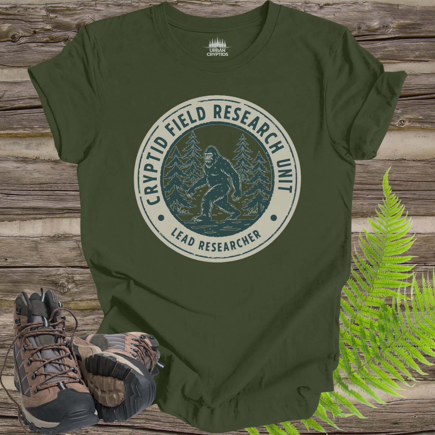 Cryptid Field Research Unit T-Shirt – Bigfoot “Lead Researcher” Vintage Badge Tee