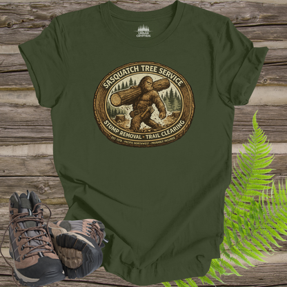 Sasquatch Tree Service Shirt | Cryptid Town Tee | Bigfoot Lumberjack Vintage Badge Stump Removal Trail Clearing