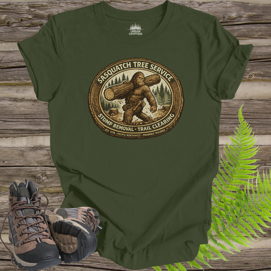 Sasquatch Tree Service Shirt | Cryptid Town Tee | Bigfoot Lumberjack Vintage Badge Stump Removal Trail Clearing
