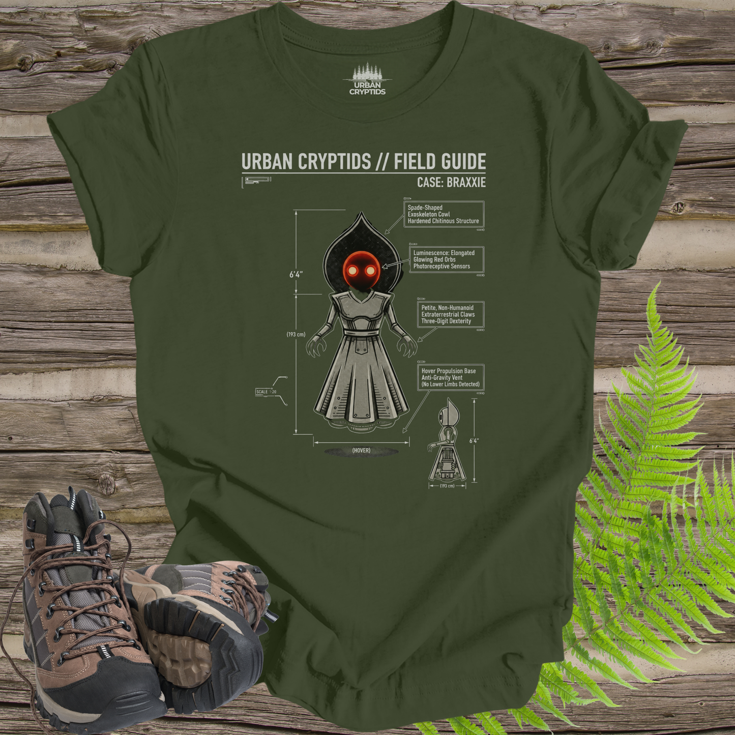 Urban Cryptids Field Guide: Braxxie | Flatwoods Monster Technical Diagram T-Shirt