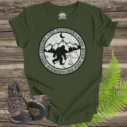 Funny Bigfoot Tee – “Go Outside, Worst Case Scenario Bigfoot Kills You” Shirt