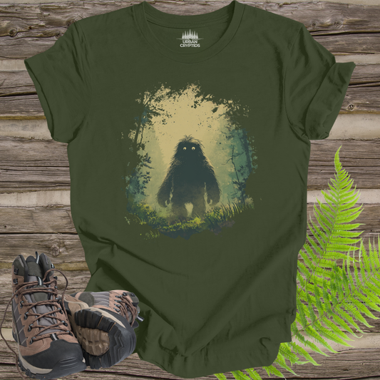 Mysterious Bigfoot Forest Shirt – Moody Sasquatch Glow Eyes Tee, Cryptid Aesthetic Shirt, Vintage Paranormal Art Tee