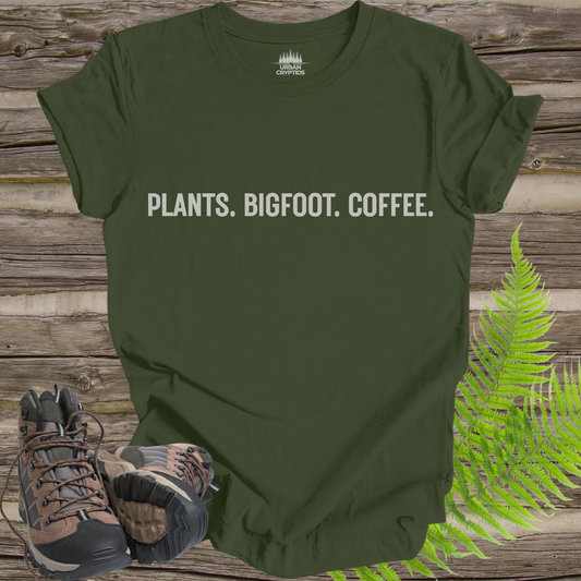 Plants Bigfoot Coffee T-Shirt | Minimalist Cryptid Plant Lover Tee | Funny Outdoorsy Statement Shirt