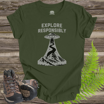 Explore Responsibly UFO T-Shirt | Mountain Abduction Graphic Tee | Retro Space Explorer Shirt
