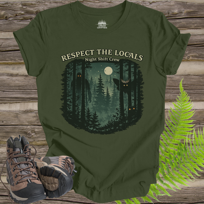 Respect the Locals Night Shift Crew T-Shirt | Spooky Forest Cryptid Graphic Tee | Funny Paranormal Outdoors Shirt