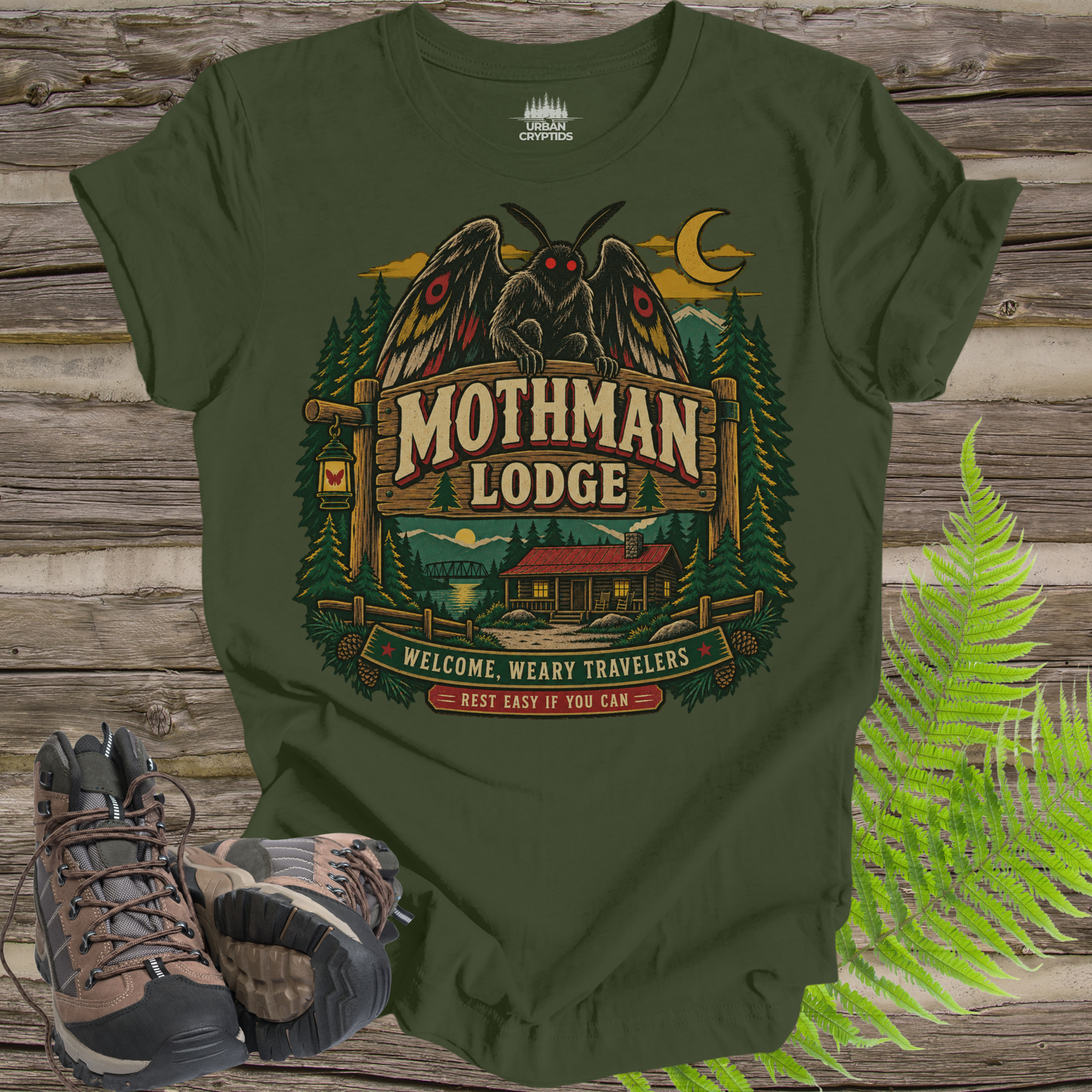 Mothman Lodge T-Shirt – Vintage Appalachian Cryptid Cabin Tee