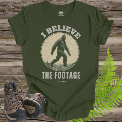 Bigfoot “I Believe the Footage” T-Shirt – Vintage Sasquatch Graphic Tee, Cryptid Shirt, Funny Bigfoot Shirt, Gift for Cryptid Lovers