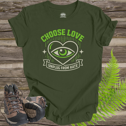 Choose Love “Unplug From Hate” T-Shirt | Heart Eye Awareness Graphic Tee | Mindful Statement Shirt