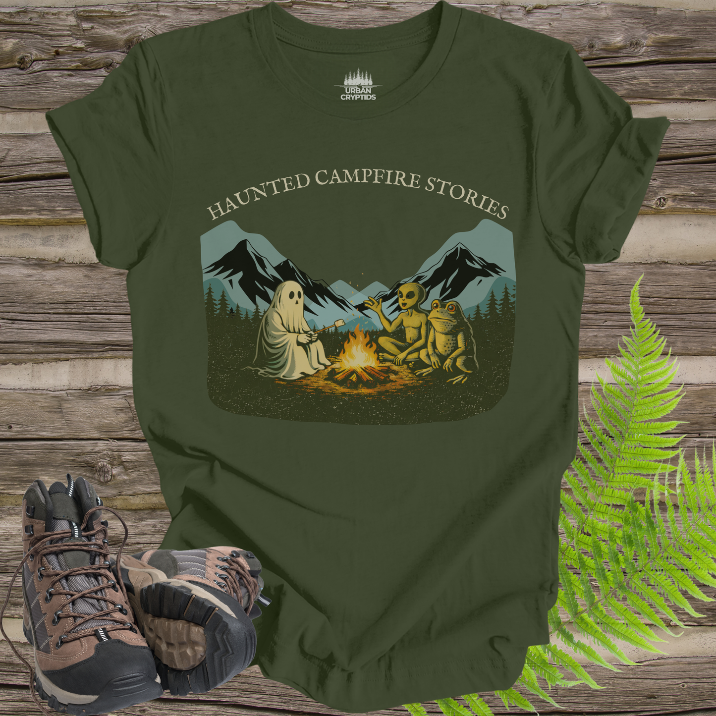 Haunted Campfire Stories T-Shirt – Ghost, Alien & Skeleton Bonfire Scene Tee