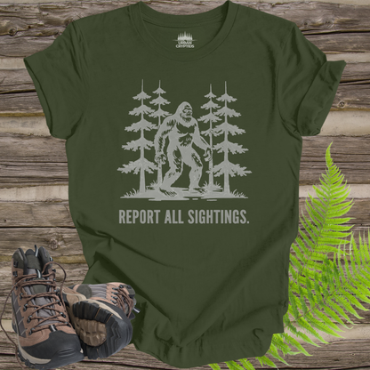 Bigfoot “Report All Sightings” T-Shirt – Vintage Cryptid Forest Design