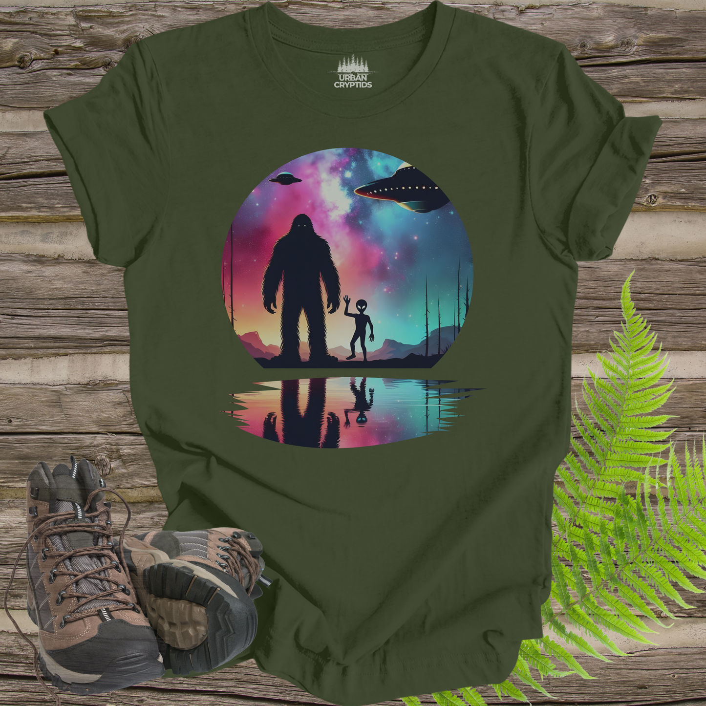 Bigfoot UFO Shirt – Alien First Contact Galaxy Graphic Tee