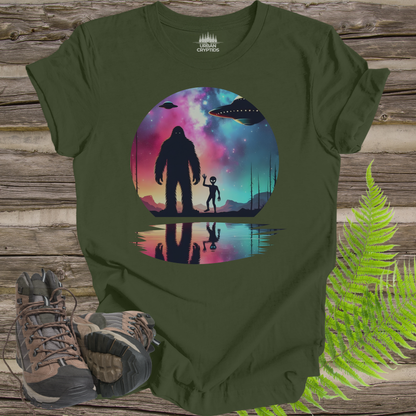 Bigfoot UFO Shirt – Alien First Contact Galaxy Graphic Tee