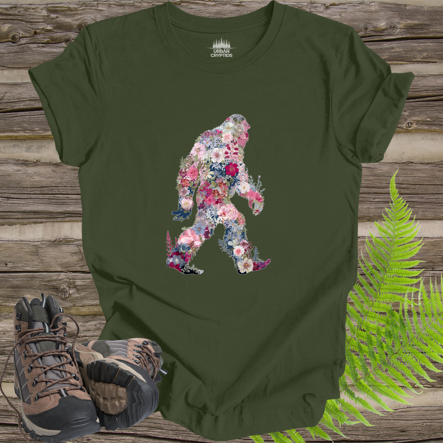 Floral Bigfoot T-Shirt | Wildflower Sasquatch Silhouette Graphic Tee | Nature Lover Cryptid Shirt