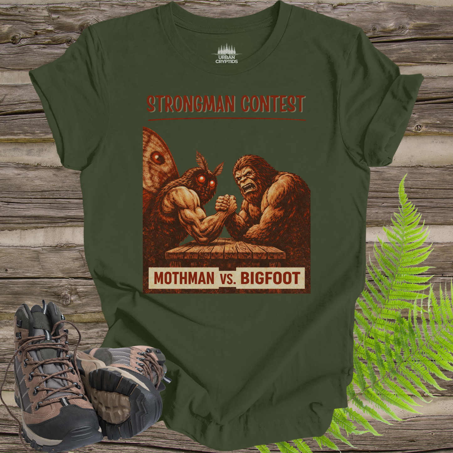 Mothman vs Bigfoot T-Shirt – Cryptid Strongman Arm Wrestling Contest Tee