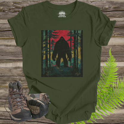 Vintage Bigfoot Forest Poster Tee – Retro Cryptid T-Shirt