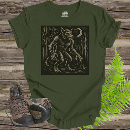 Dogman Cryptid T-Shirt – Woodcut Werewolf Forest Creature Tee