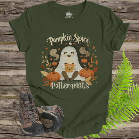 Pumpkin Spice & Poltergeists T-Shirt | Cute Ghost Halloween Coffee Tee