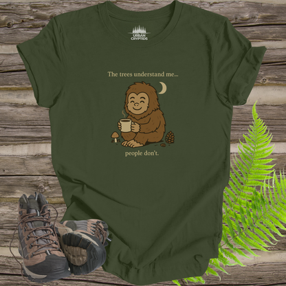 Cozy Bigfoot Coffee Tee – Funny Sasquatch Shirt for Nature Lovers | “The Trees Understand Me… People Don’t”