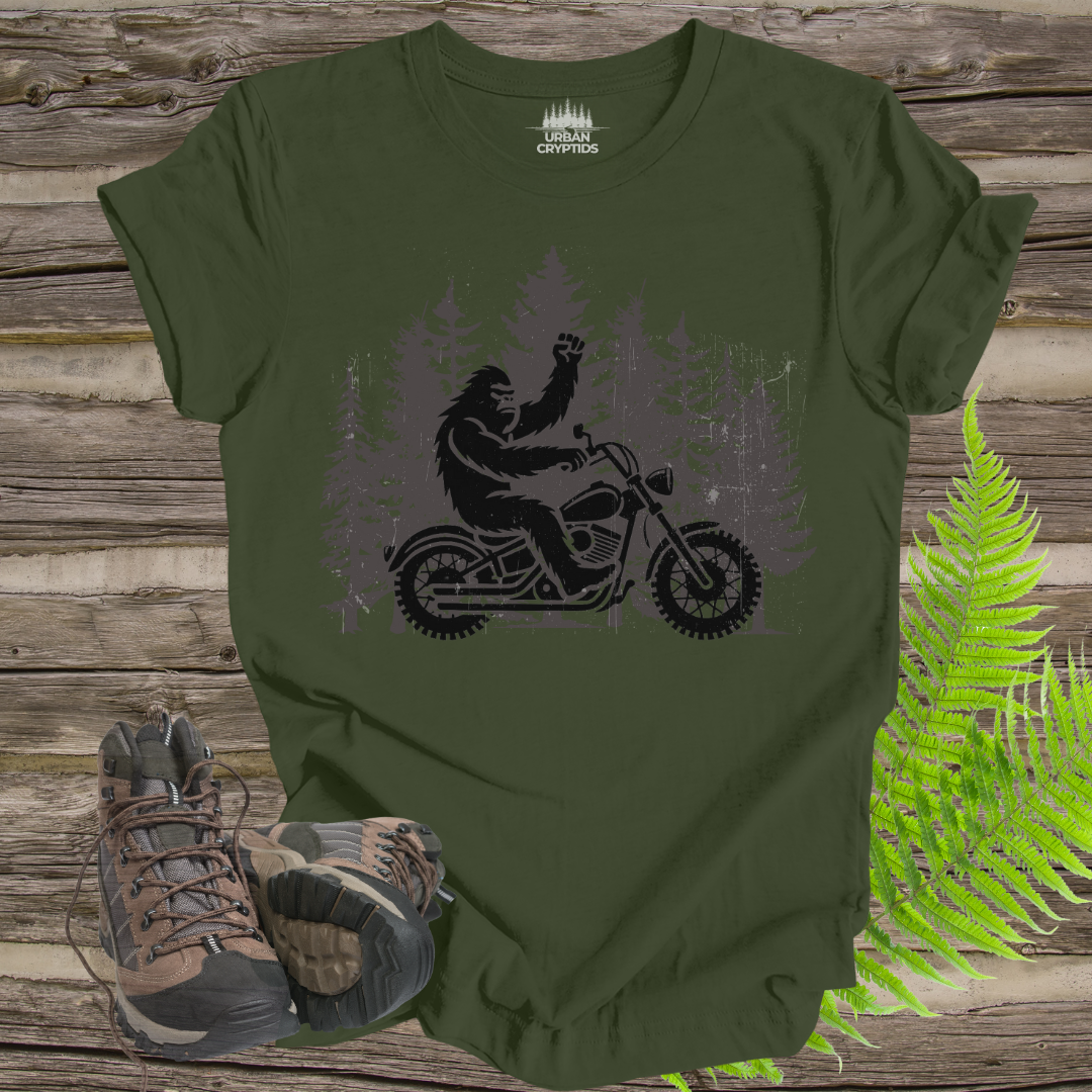 Bigfoot Biker Tee – Sasquatch Riding Motorcycle Forest Shirt