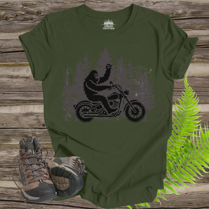 Bigfoot Biker Tee – Sasquatch Riding Motorcycle Forest Shirt