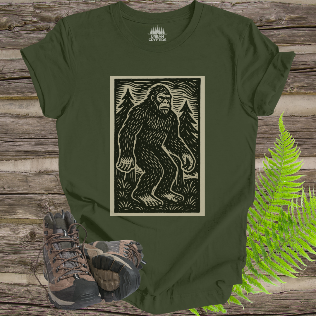 Vintage Bigfoot T-Shirt | Woodcut Sasquatch Cryptid Tee
