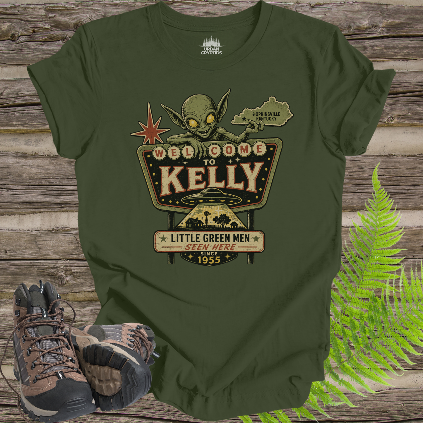 Welcome to Kelly | Little Green Men Seen Here Since 1955 Vintage Kentucky T-Shirt