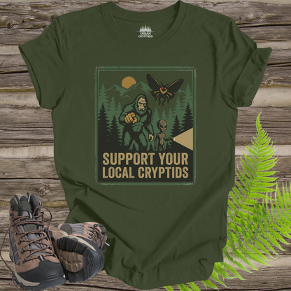 Support Your Local Cryptids Bigfoot Mothman Alien Funny Cryptid T-Shirt