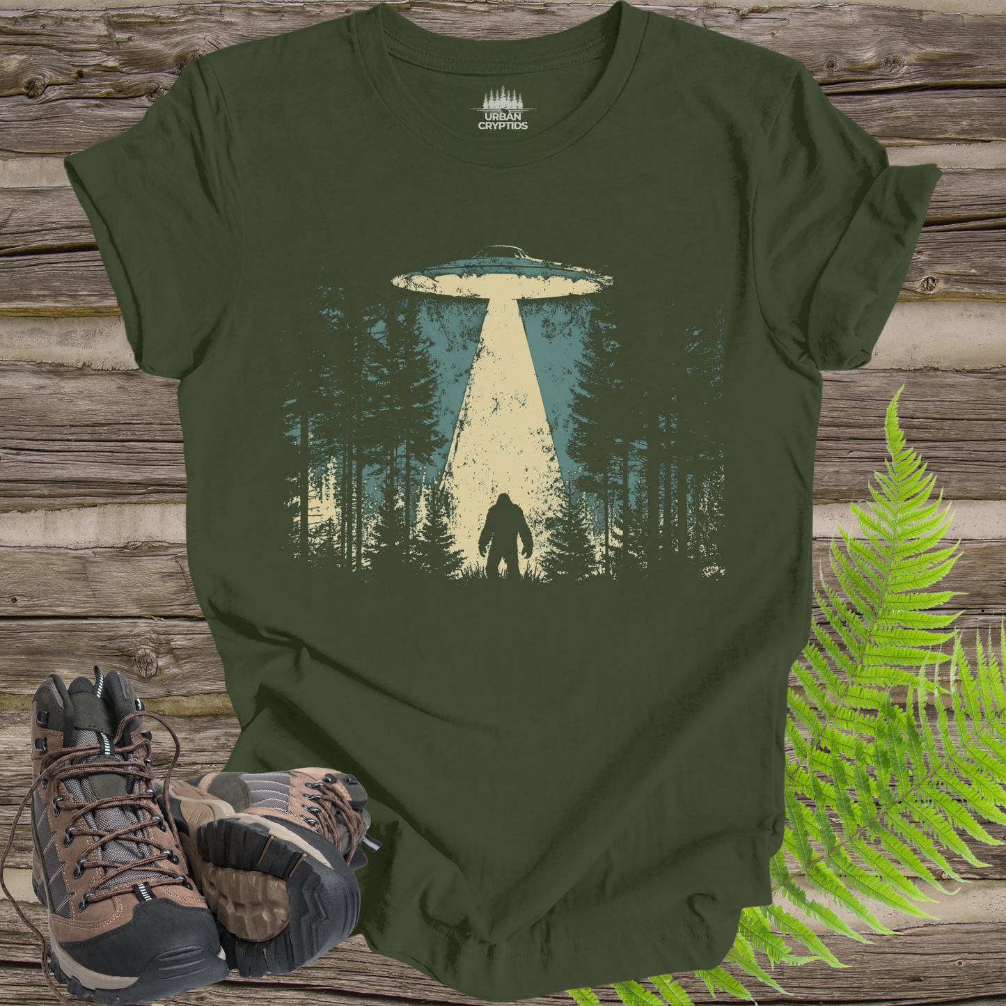 Bigfoot UFO Abduction T-Shirt – Forest Encounter Cryptid Graphic Tee
