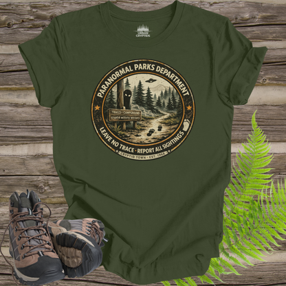 Paranormal Parks Department Shirt | Cryptid Town Tee | Leave No Trace Report All Sightings Vintage Ranger Badge