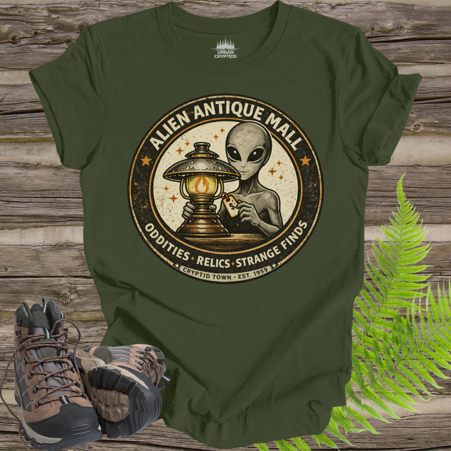 Alien Antique Mall Shirt | Cryptid Town Tee | Oddities Relics Strange Finds UFO Lamp Vintage Store Logo