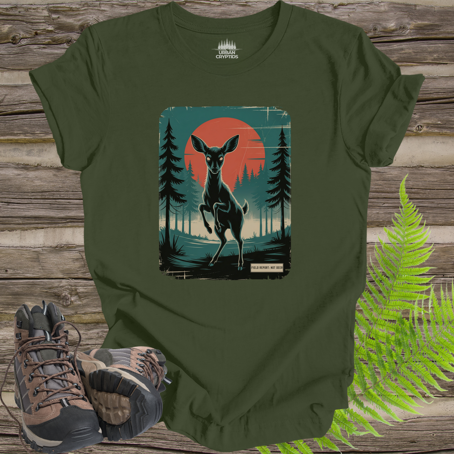 Not Deer Forest Encounter T-Shirt – Vintage Cryptid Wilderness Poster Tee