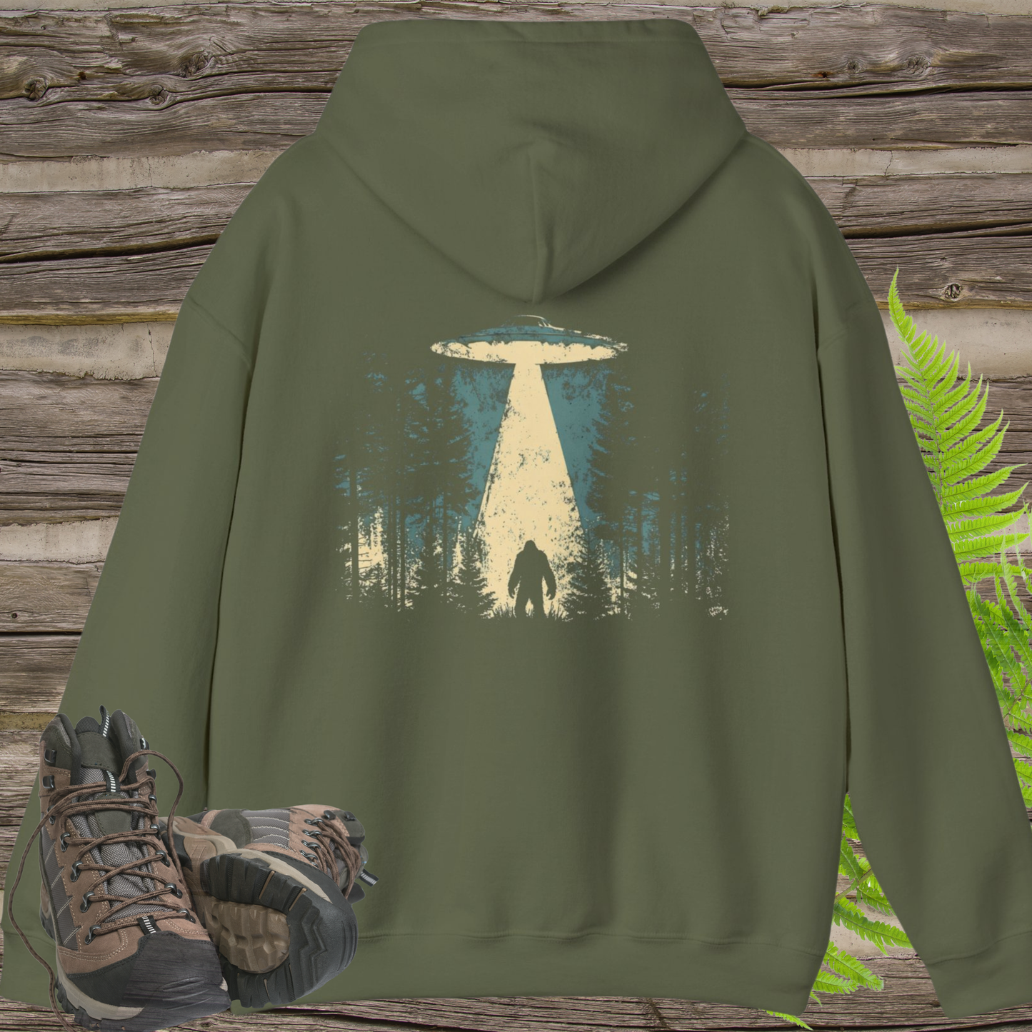 UFO Bigfoot Abduction Hoodie – Sasquatch Encounter Back Print Pullover