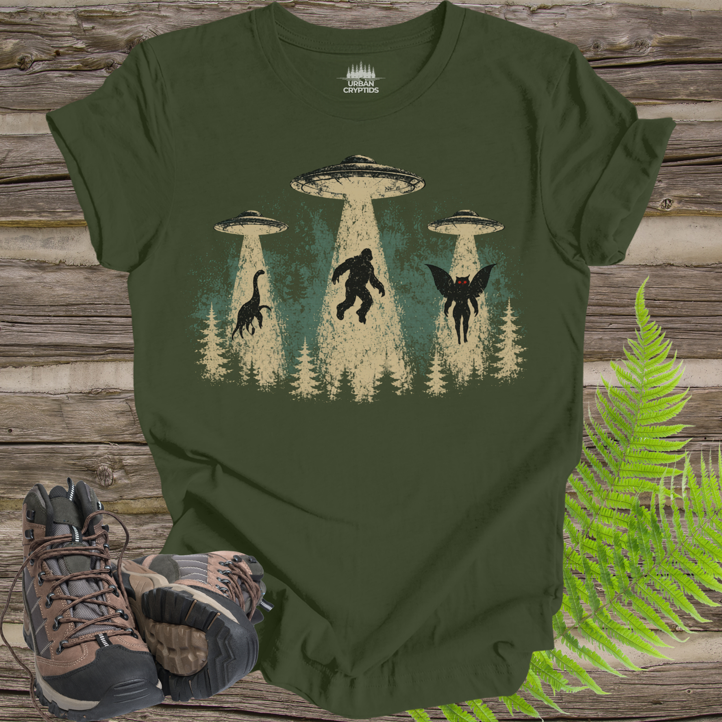 Cryptid Abduction T-Shirt – Bigfoot, Mothman & Nessie UFO Design