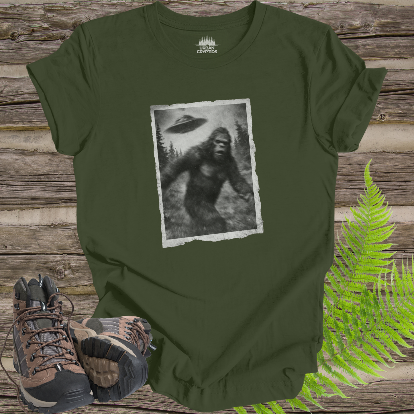 Bigfoot UFO Abduction T-Shirt – Blurry Sasquatch Encounter Tee