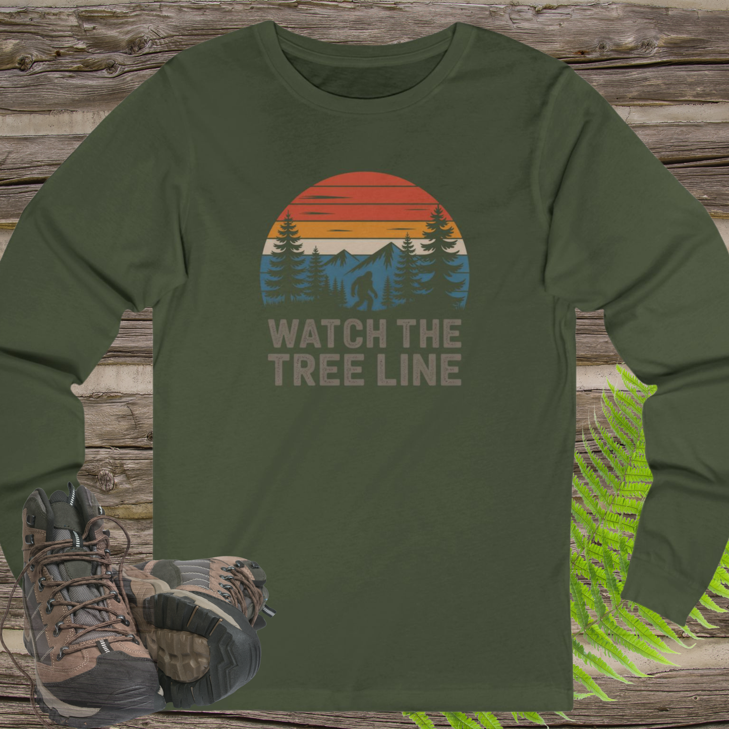 Watch the Tree Line Bigfoot Long Sleeve Shirt – Retro Sasquatch Wilderness Tee