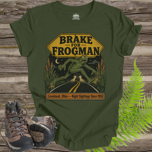 Brake for Frogman T-Shirt – Loveland Ohio Cryptid Roadside Tee