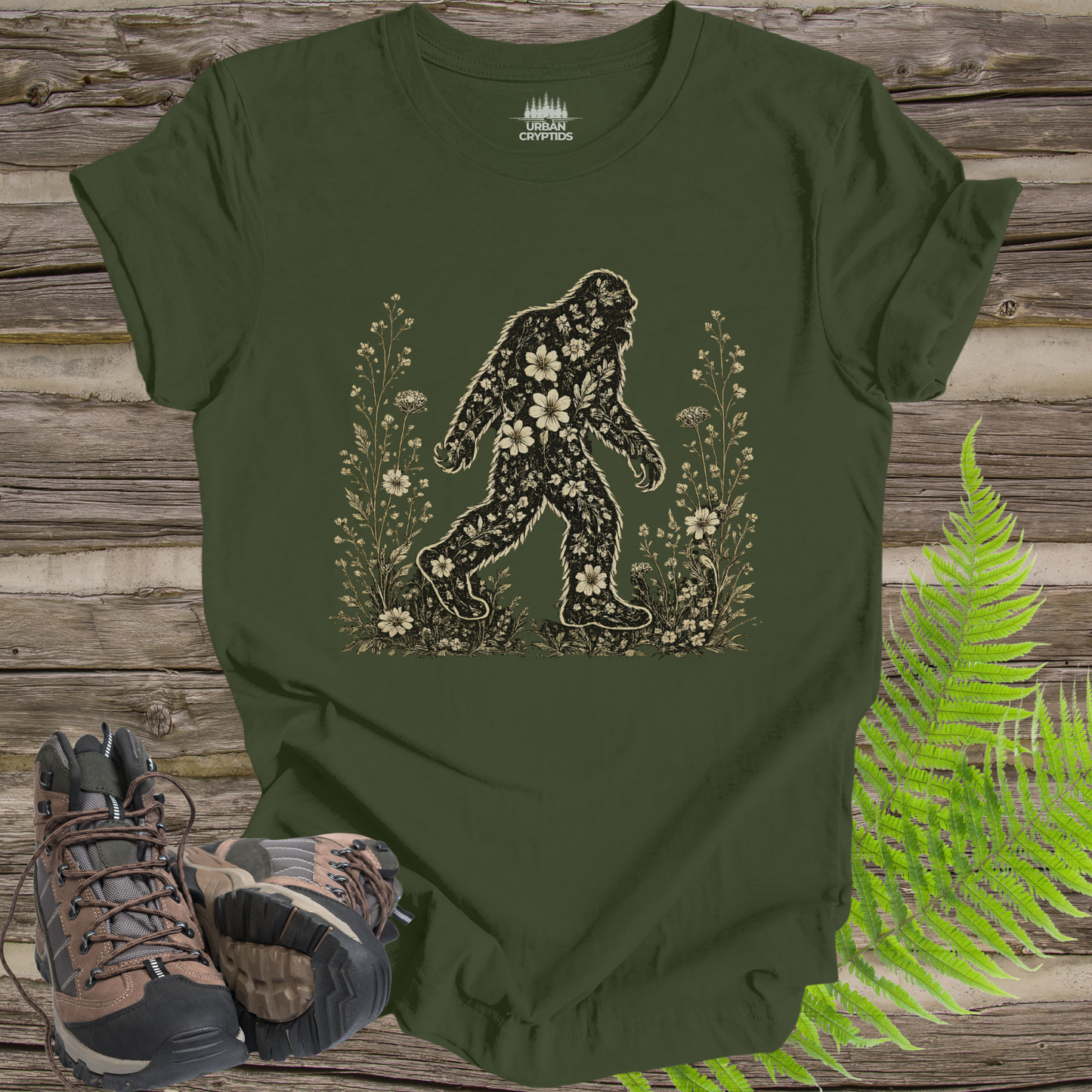 Wildflower Wanderer Bigfoot T-Shirt | Floral Sasquatch Nature Tee