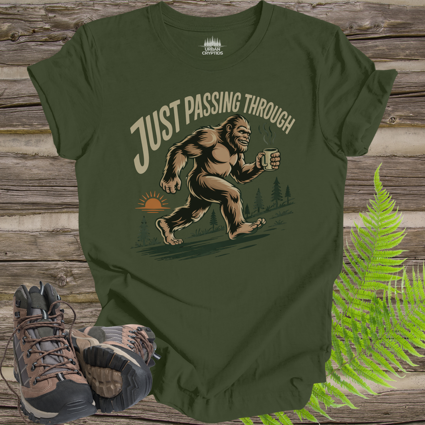 Just Passing Through Bigfoot T-Shirt | Funny Sasquatch Coffee Tee | Camping Humor Shirt | Cryptid Hiking Shirt | Outdoor Graphic Tee