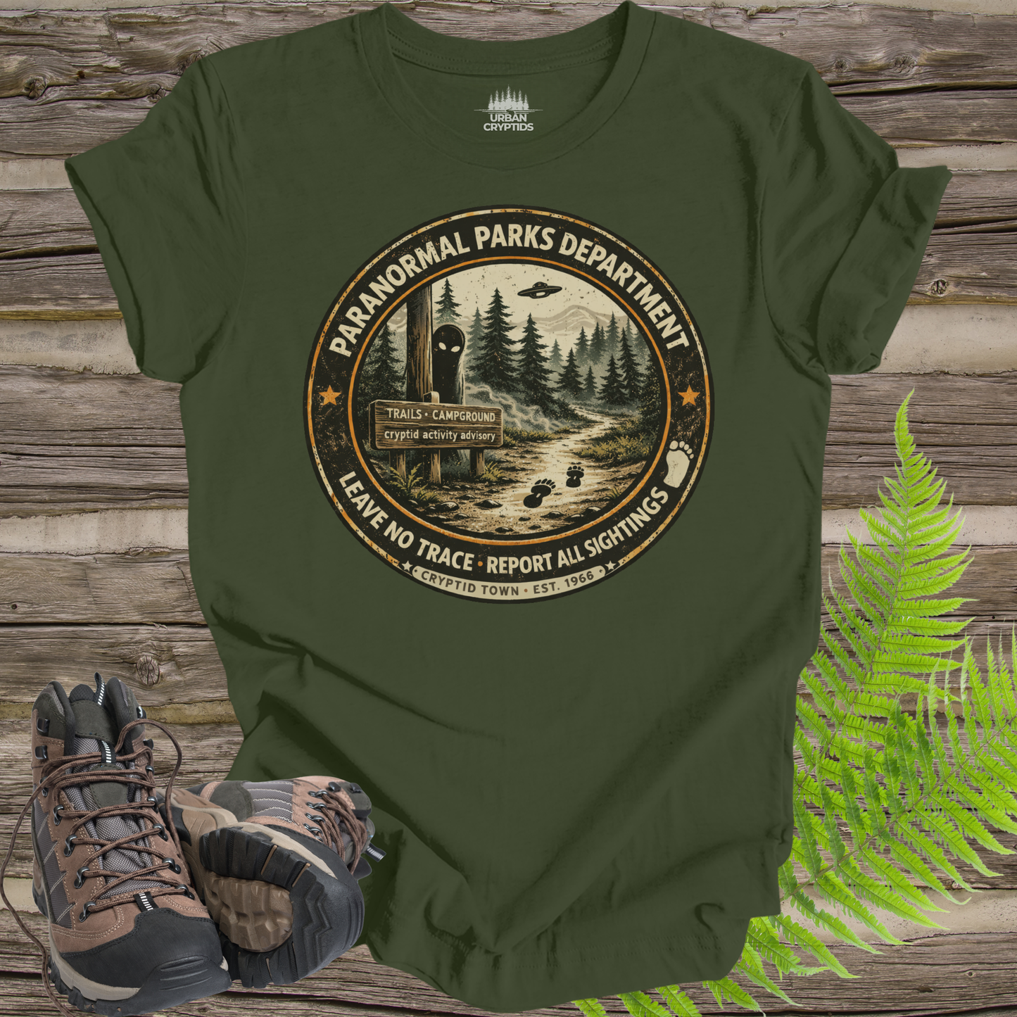 Paranormal Parks Department Shirt | Cryptid Town Tee | Leave No Trace Report All Sightings Vintage Ranger Badge