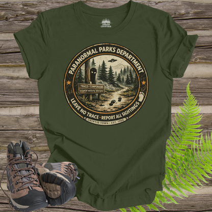 Paranormal Parks Department Shirt | Cryptid Town Tee | Leave No Trace Report All Sightings Vintage Ranger Badge