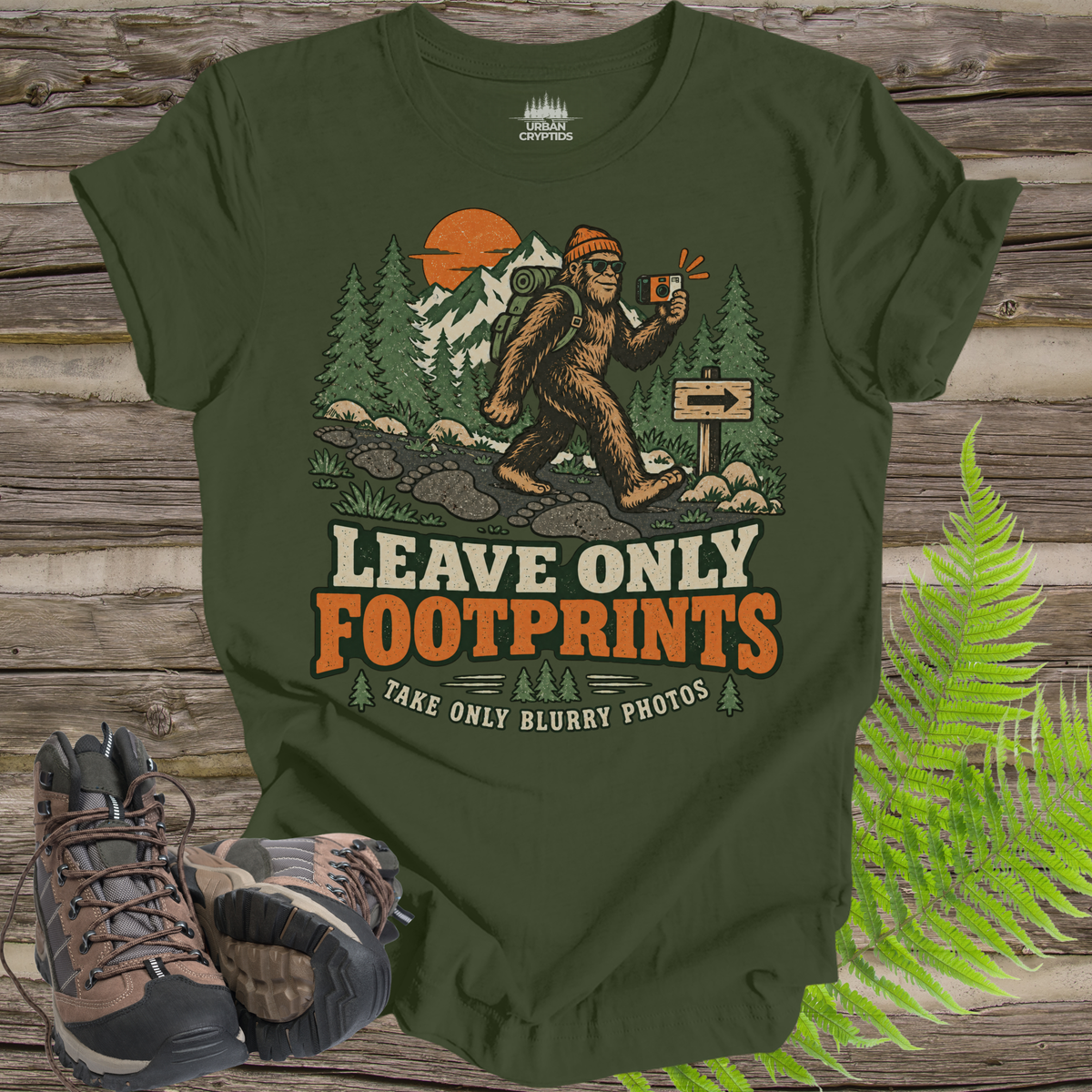 Leave Only Footprints T-Shirt – Funny Bigfoot Hiking Graphic Tee