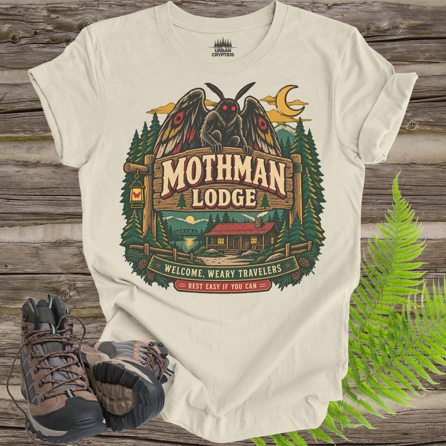 Mothman Lodge T-Shirt – Vintage Appalachian Cryptid Cabin Tee